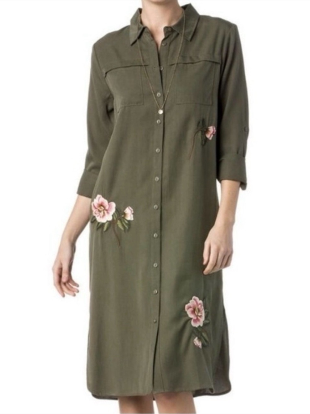 Miss Me Shirt Dress Women's Sz. Large Button Down Olive Green Floral Embroidery